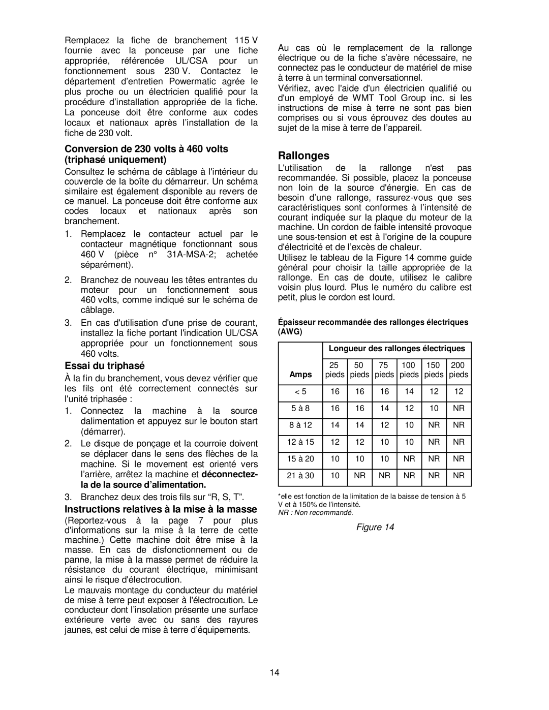 Powermatic 31A operating instructions Rallonges, Conversion de 230 volts à 460 volts triphasé uniquement 