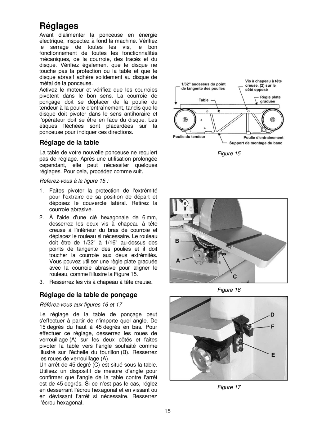 Powermatic 31A operating instructions Réglages, Réglage de la table de ponçage, Référez-vous aux figures 16 et 