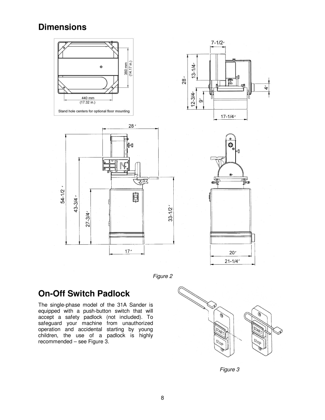 Powermatic 31A operating instructions Dimensions On-Off Switch Padlock 