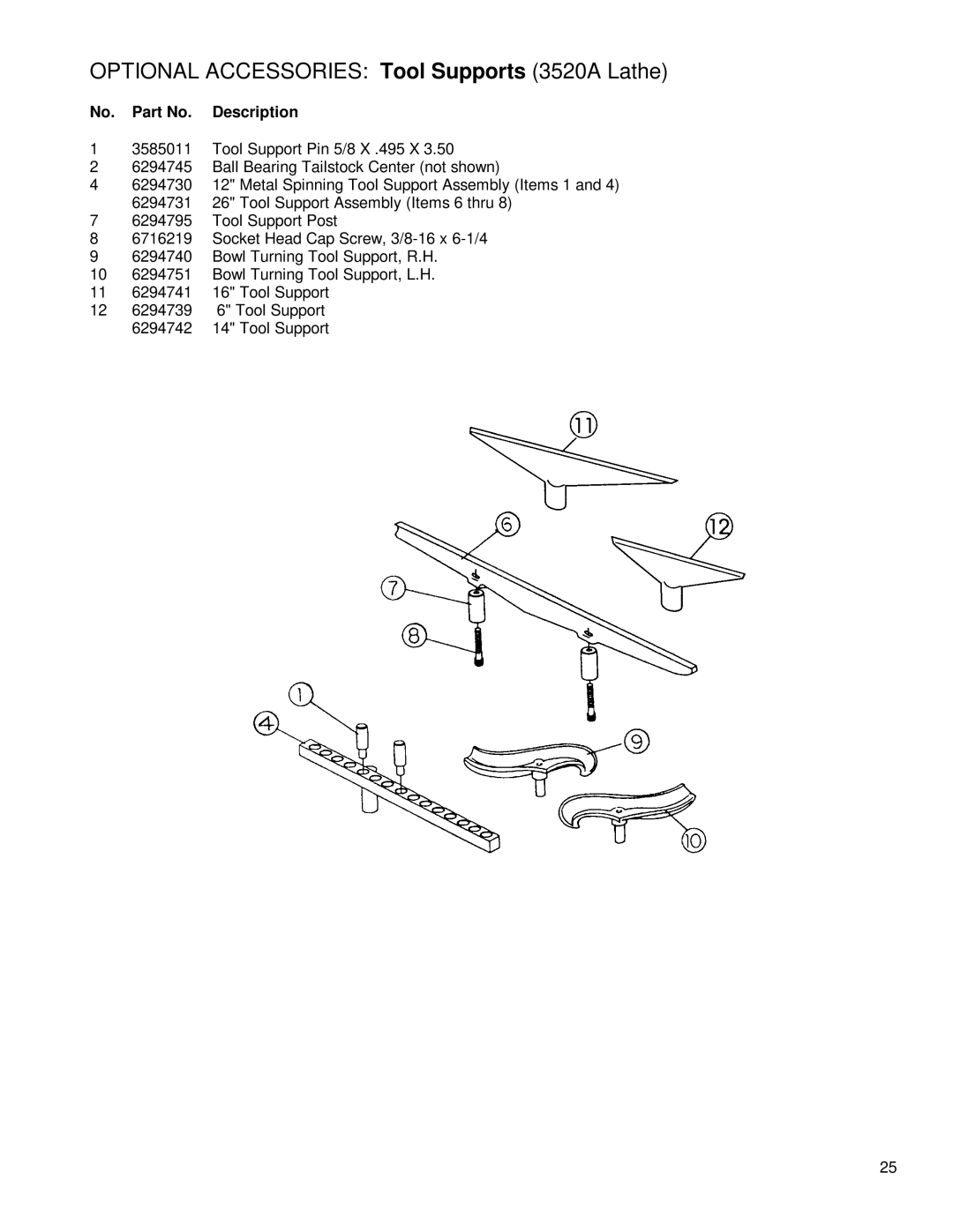 Powermatic instruction manual Optional Accessories Tool Supports 3520A Lathe, No. Part No. Description 