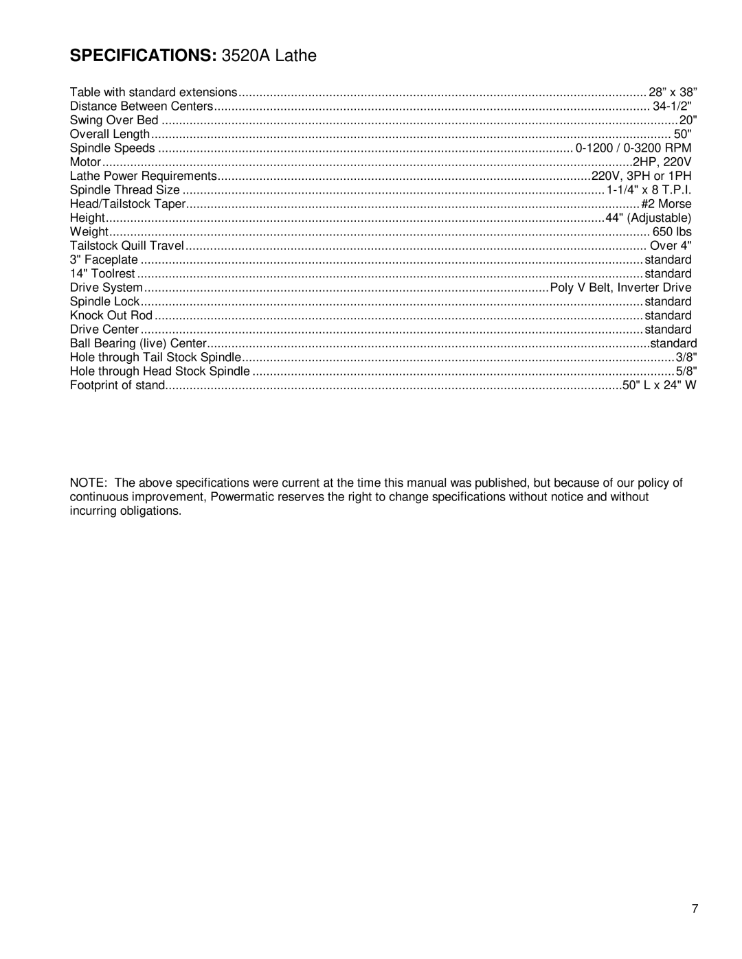 Powermatic instruction manual Specifications 3520A Lathe 