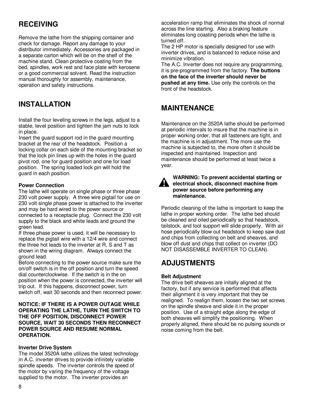 Powermatic 3520A instruction manual Receiving Installation, Maintenance, Adjustments 