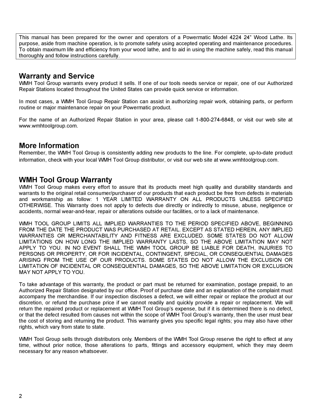 Powermatic 4224 operating instructions Warranty and Service, More Information WMH Tool Group Warranty 