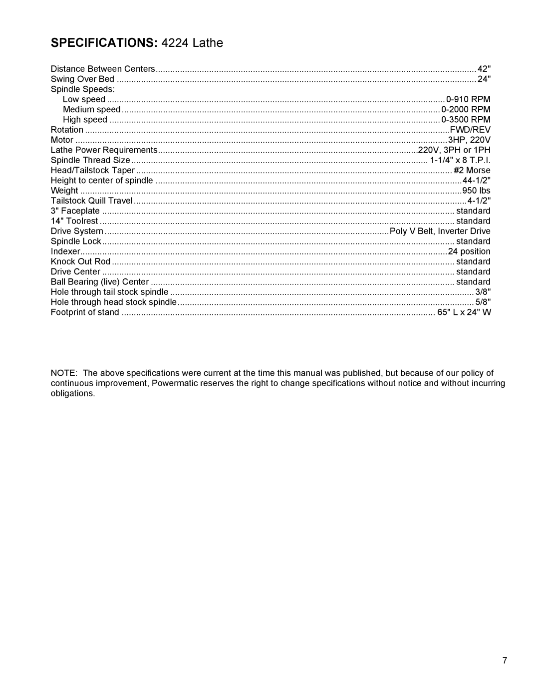 Powermatic operating instructions Specifications 4224 Lathe, Fwd/Rev 