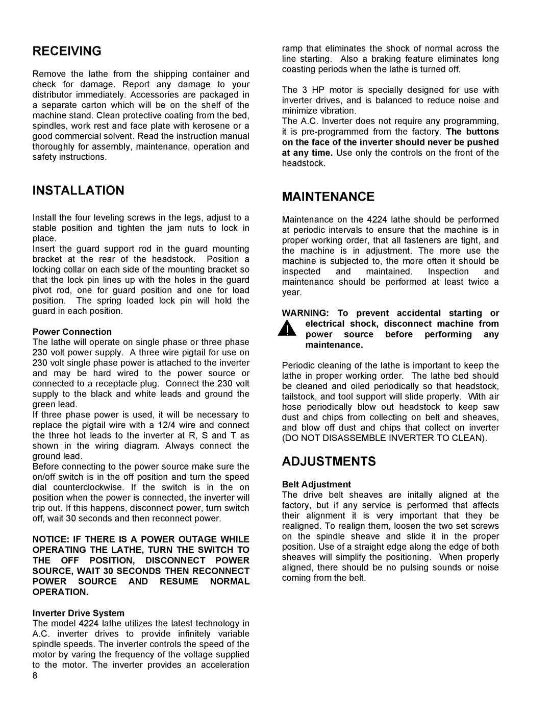 Powermatic 4224 operating instructions Receiving Installation, Maintenance, Adjustments 