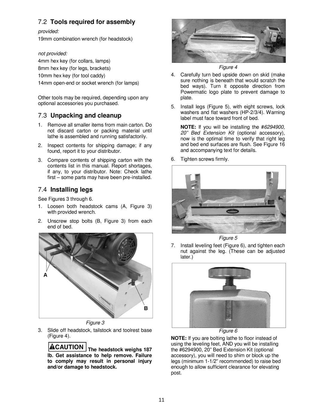 Powermatic 4224B operating instructions Tools required for assembly, Unpacking and cleanup, Installing legs 