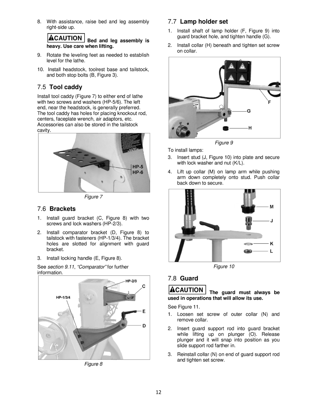 Powermatic 4224B Tool caddy, Brackets, Lamp holder set, Guard, Bed and leg assembly is heavy. Use care when lifting 