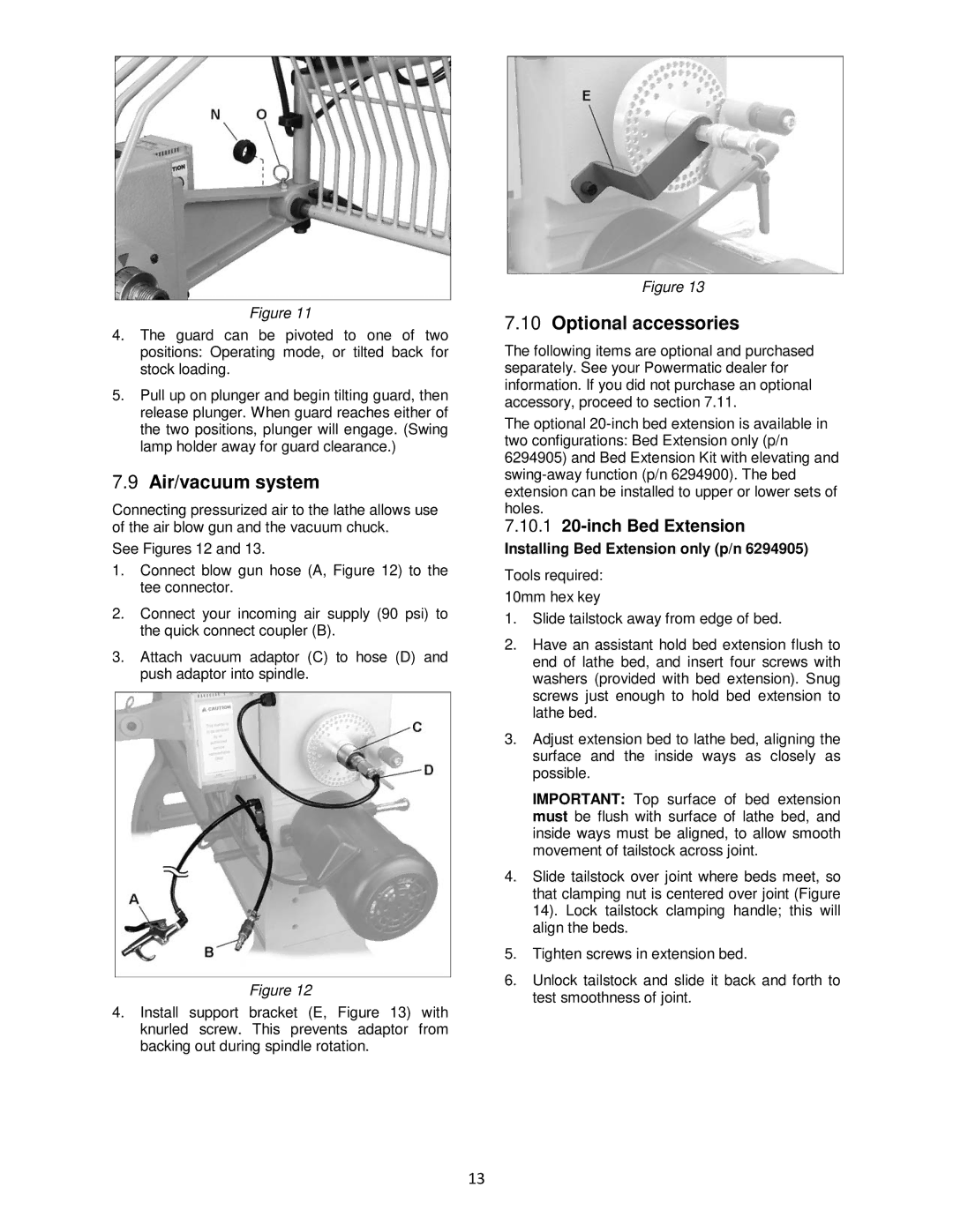 Powermatic 4224B Air/vacuum system, Optional accessories, 10.1 20-inch Bed Extension, Installing Bed Extension only p/n 