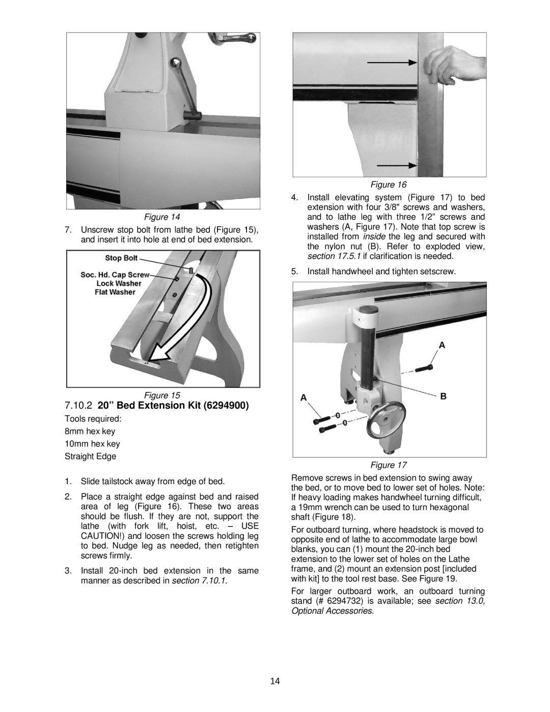 Powermatic 4224B operating instructions 10.2 20 Bed Extension Kit 