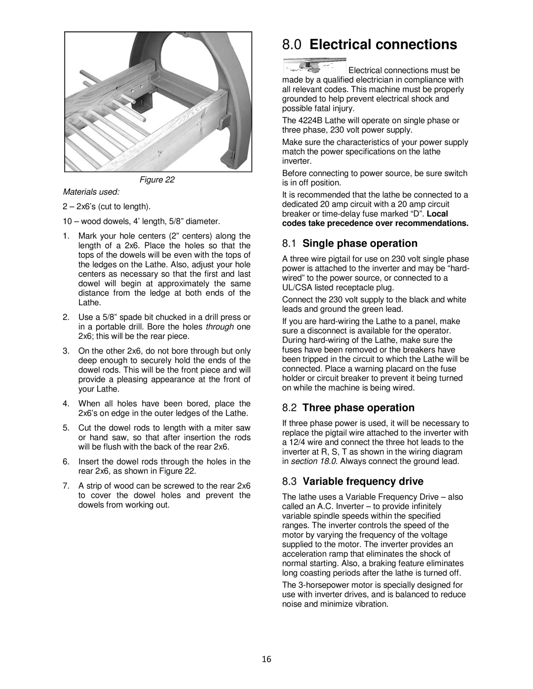 Powermatic 4224B Electrical connections, Single phase operation, Three phase operation, Variable frequency drive 