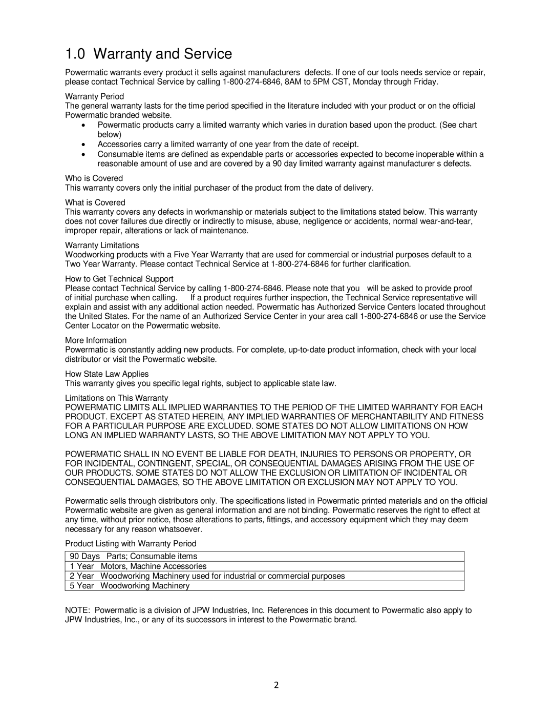 Powermatic 4224B operating instructions Warranty and Service, Warranty Period 