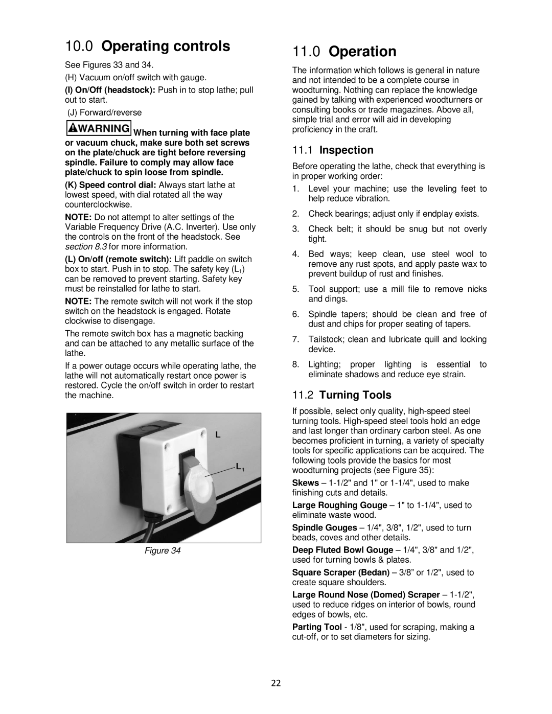 Powermatic 4224B operating instructions Operating controls, Operation, Inspection, Turning Tools 