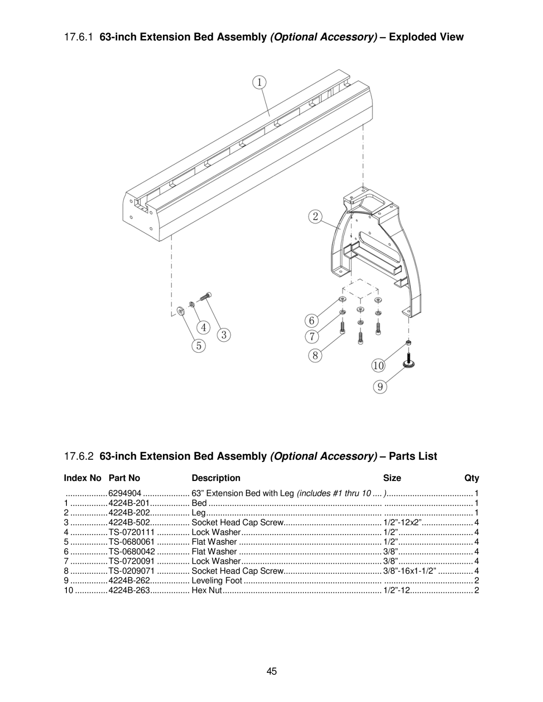 Powermatic operating instructions 4224B-262 Leveling Foot 4224B-263 Hex Nut 