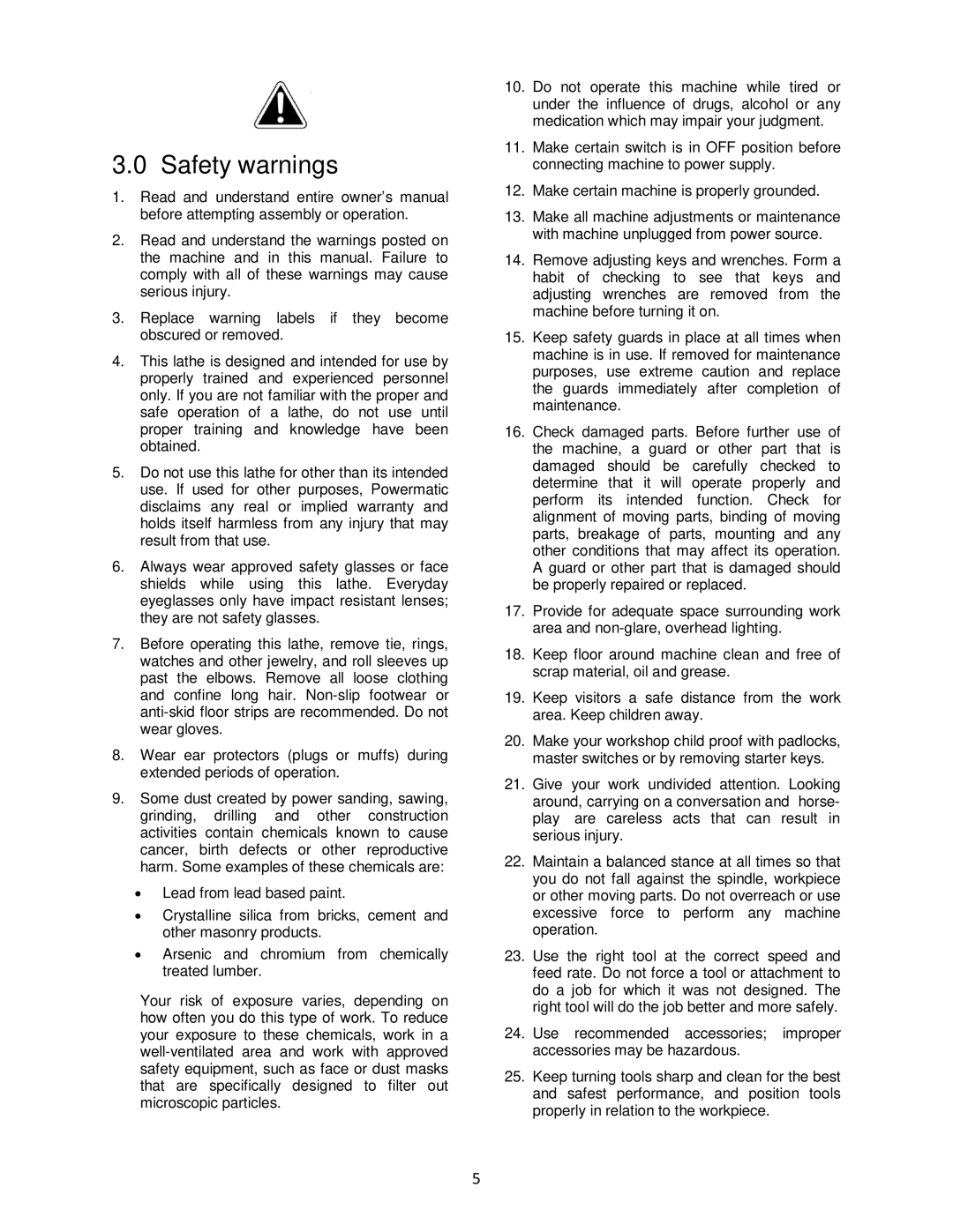 Powermatic 4224B operating instructions Safety warnings 