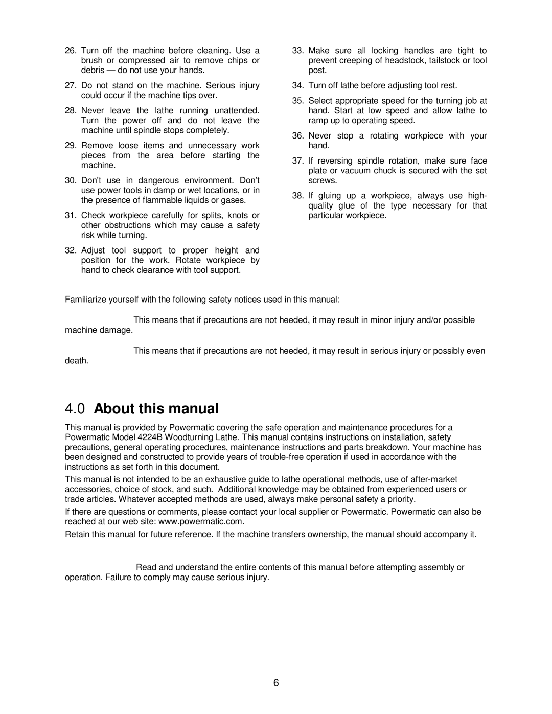 Powermatic 4224B operating instructions About this manual 