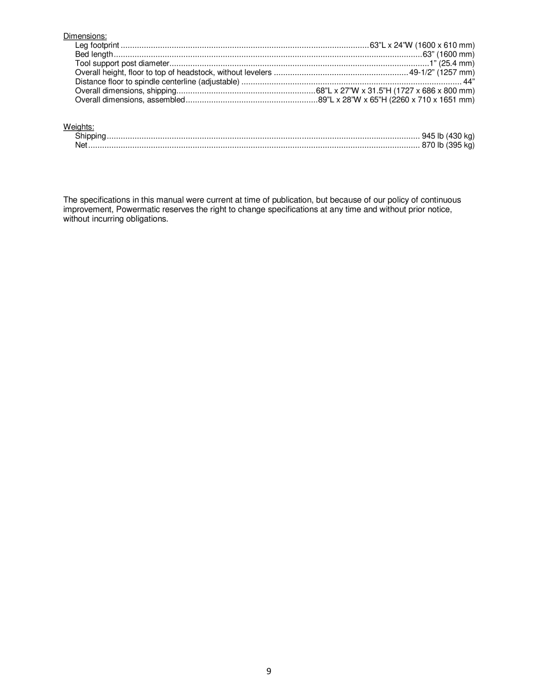 Powermatic 4224B operating instructions Dimensions 