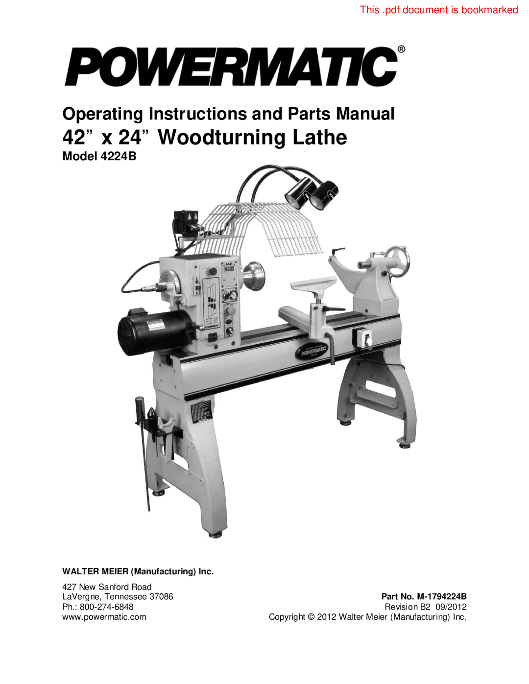 Powermatic operating instructions Powermatic, Part No. M-1794224B 