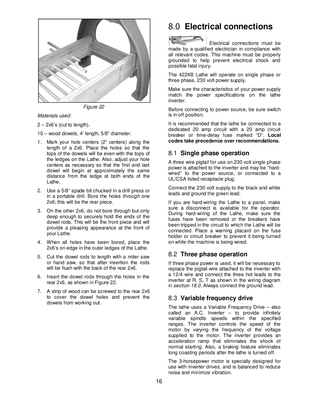 Powermatic 4224B Electrical connections, Single phase operation, Three phase operation, Variable frequency drive 