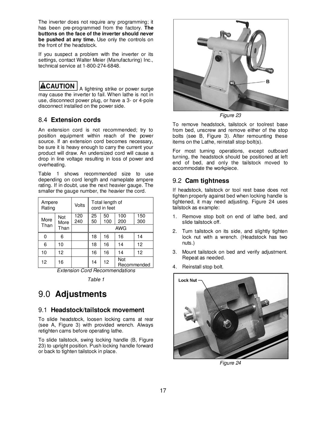 Powermatic 4224B operating instructions Adjustments, Extension cords, Headstock/tailstock movement, Cam tightness 