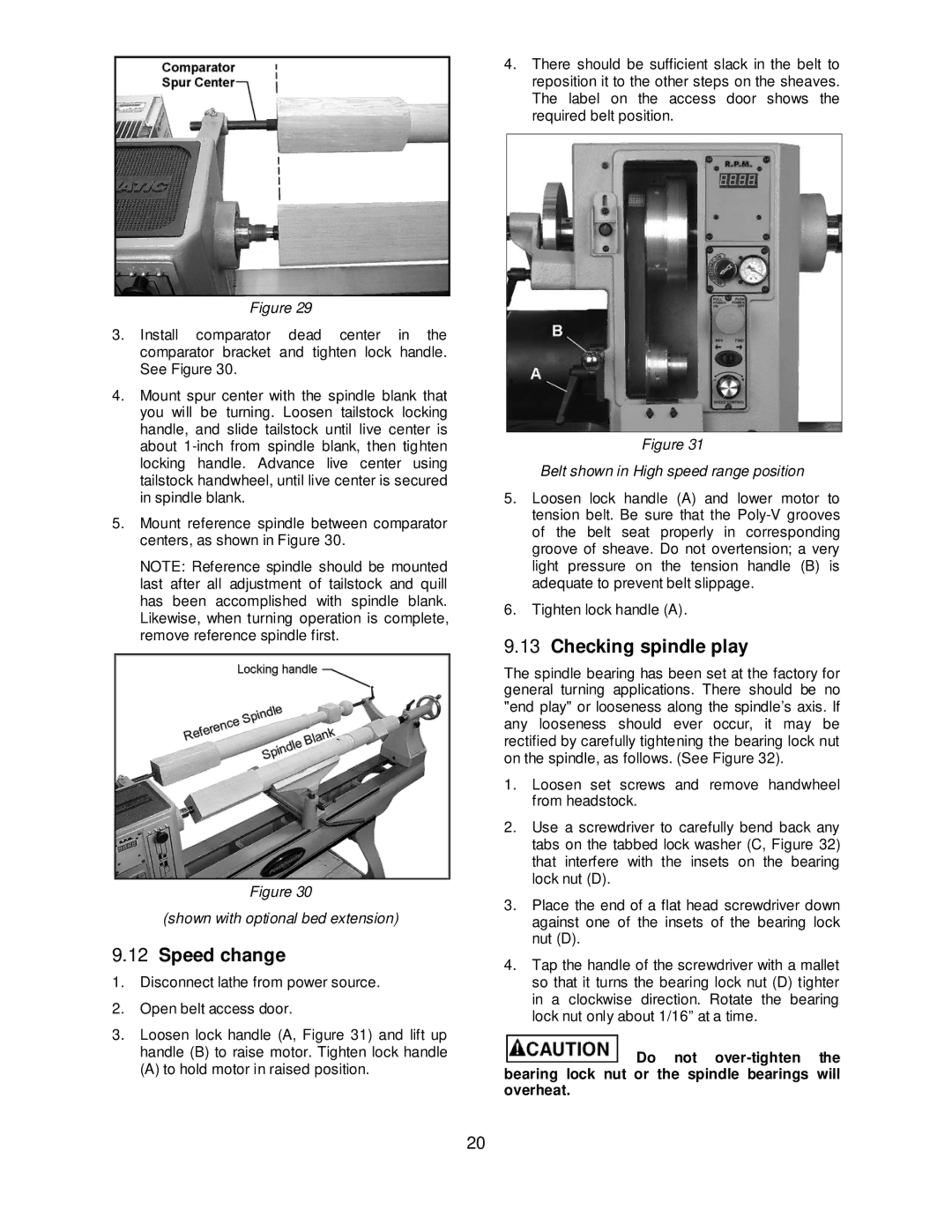 Powermatic 4224B operating instructions Speed change, Checking spindle play 