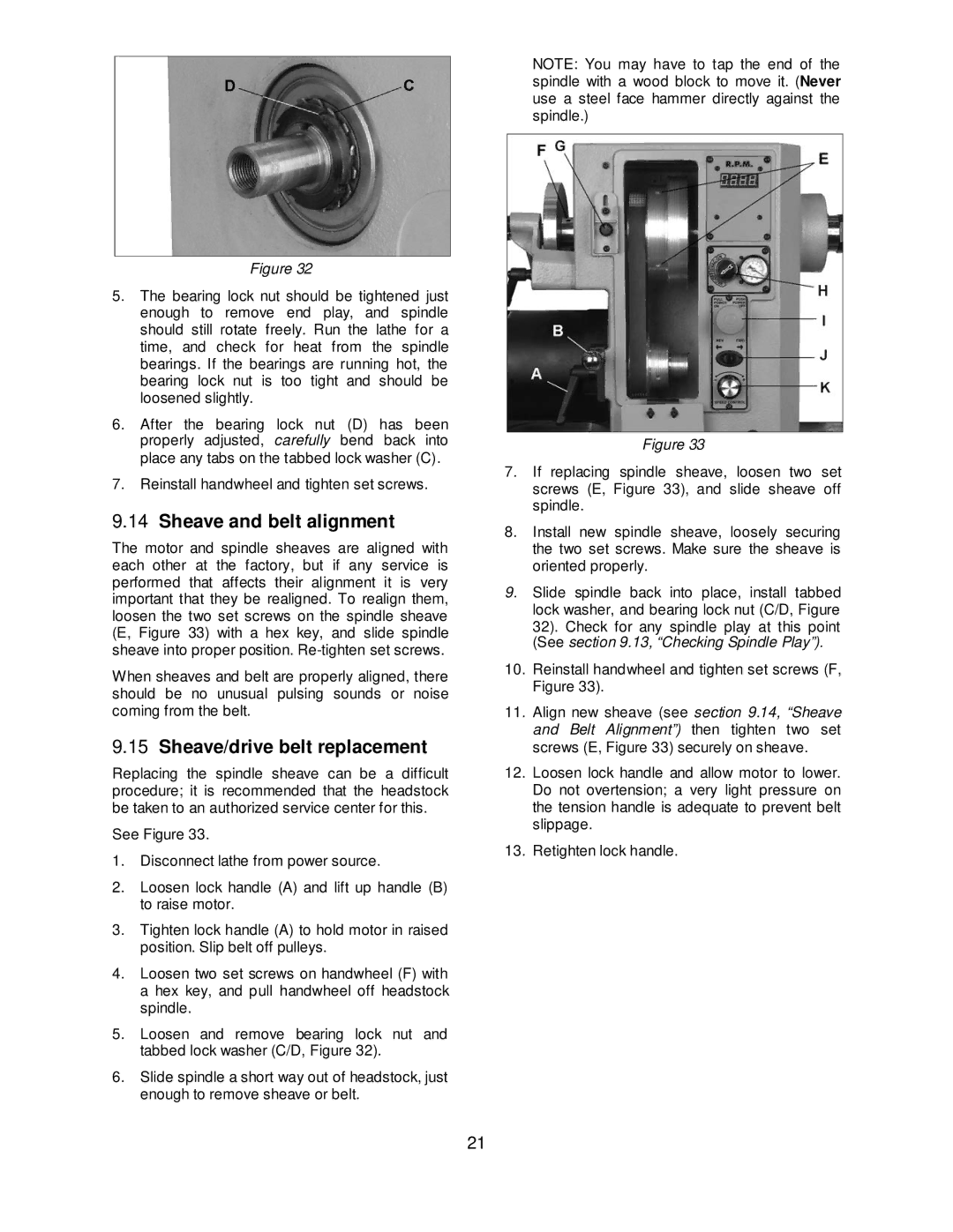 Powermatic 4224B operating instructions Sheave and belt alignment, Sheave/drive belt replacement 