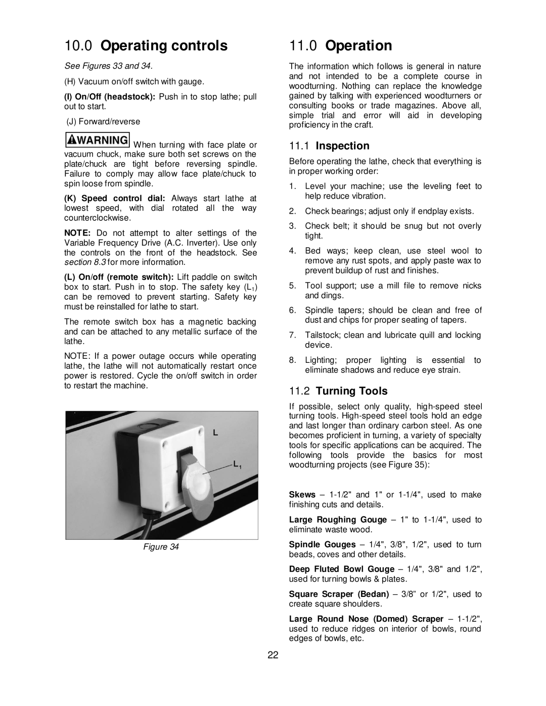 Powermatic 4224B operating instructions Operating controls, Operation, Inspection, Turning Tools 