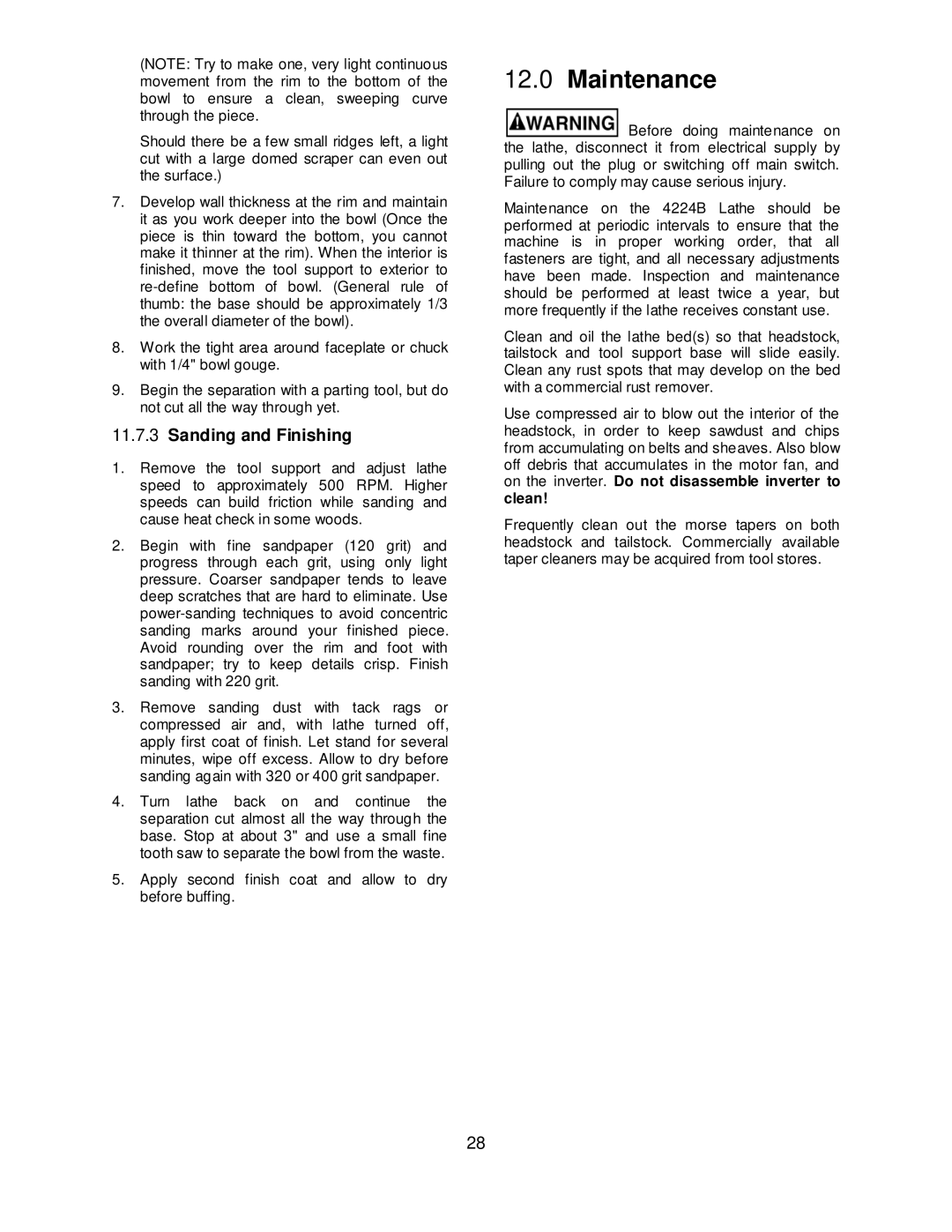 Powermatic 4224B operating instructions Maintenance, Sanding and Finishing 