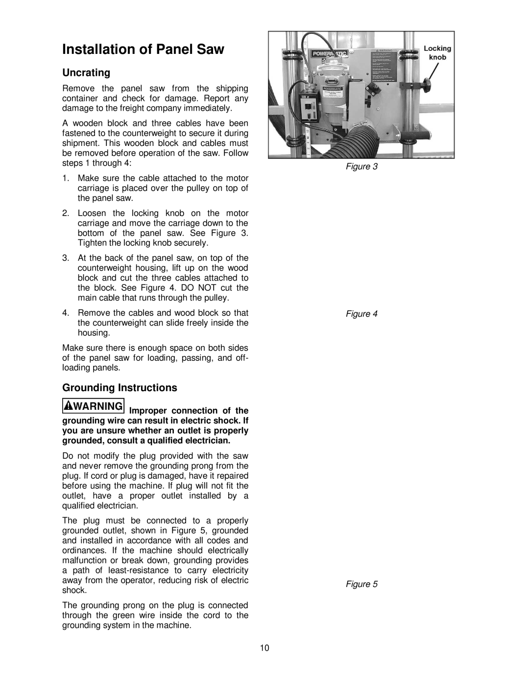 Powermatic 511 operating instructions Installation of Panel Saw, Uncrating, Grounding Instructions 