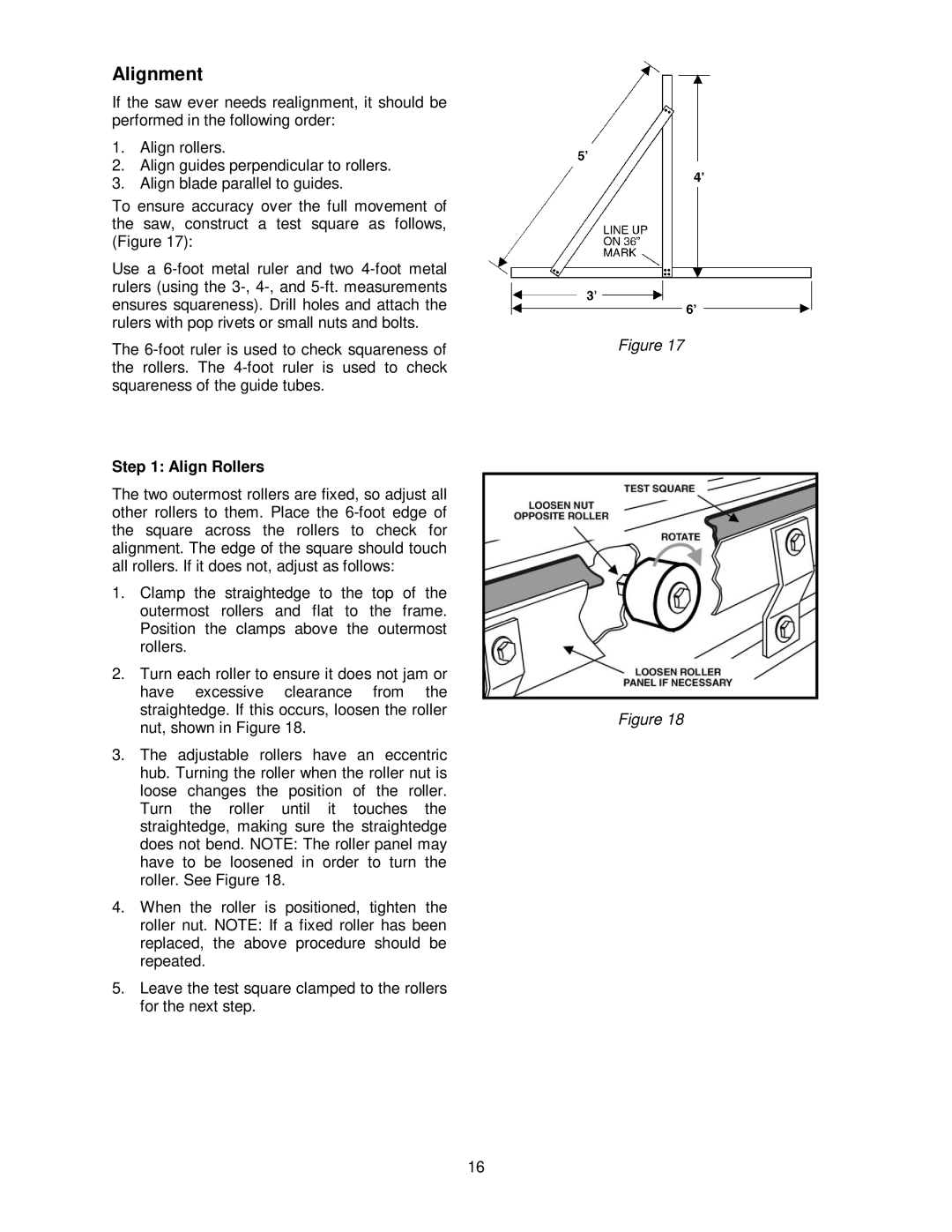 Powermatic 511 operating instructions Alignment, Align Rollers 