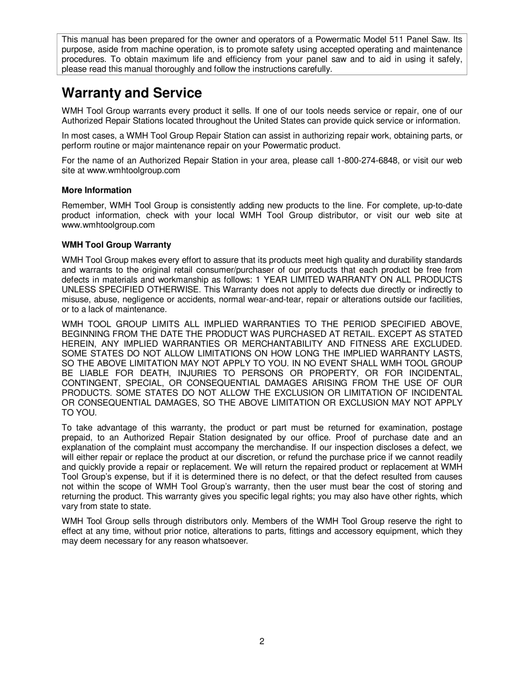 Powermatic 511 operating instructions Warranty and Service, More Information WMH Tool Group Warranty 