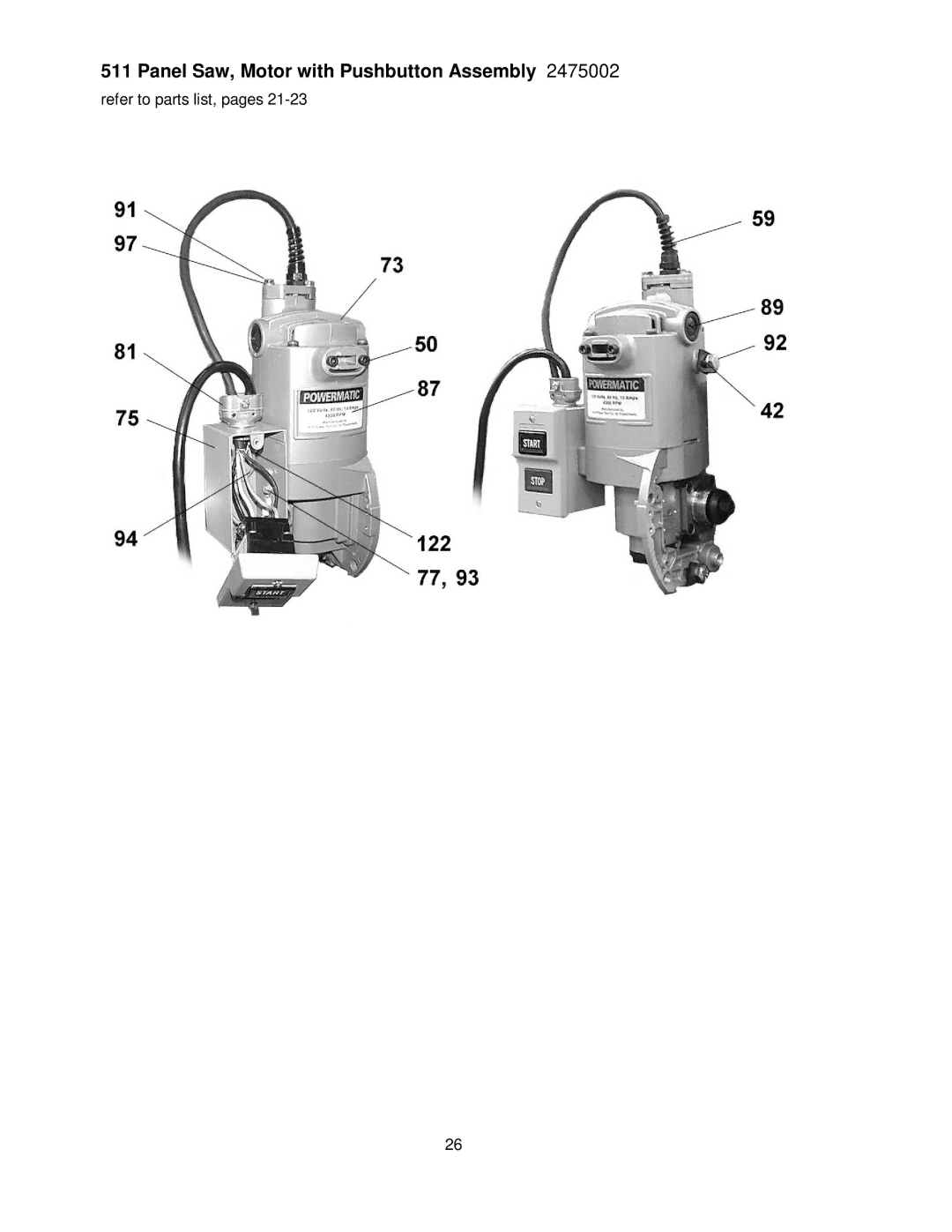 Powermatic 511 operating instructions Panel Saw, Motor with Pushbutton Assembly 