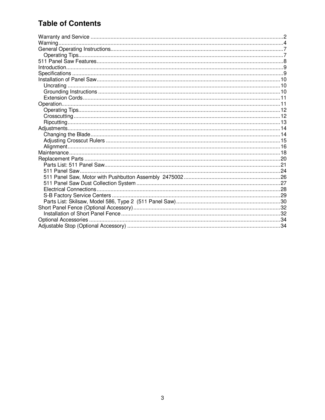 Powermatic 511 operating instructions Table of Contents 