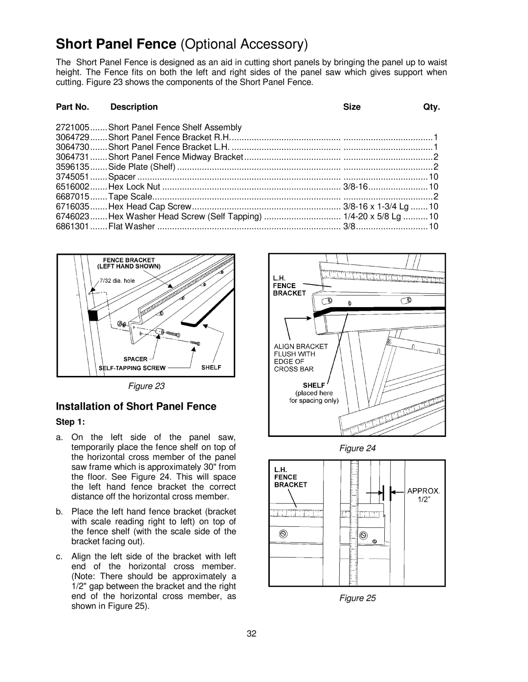 Powermatic 511 operating instructions Installation of Short Panel Fence, Description Size Qty, Step 