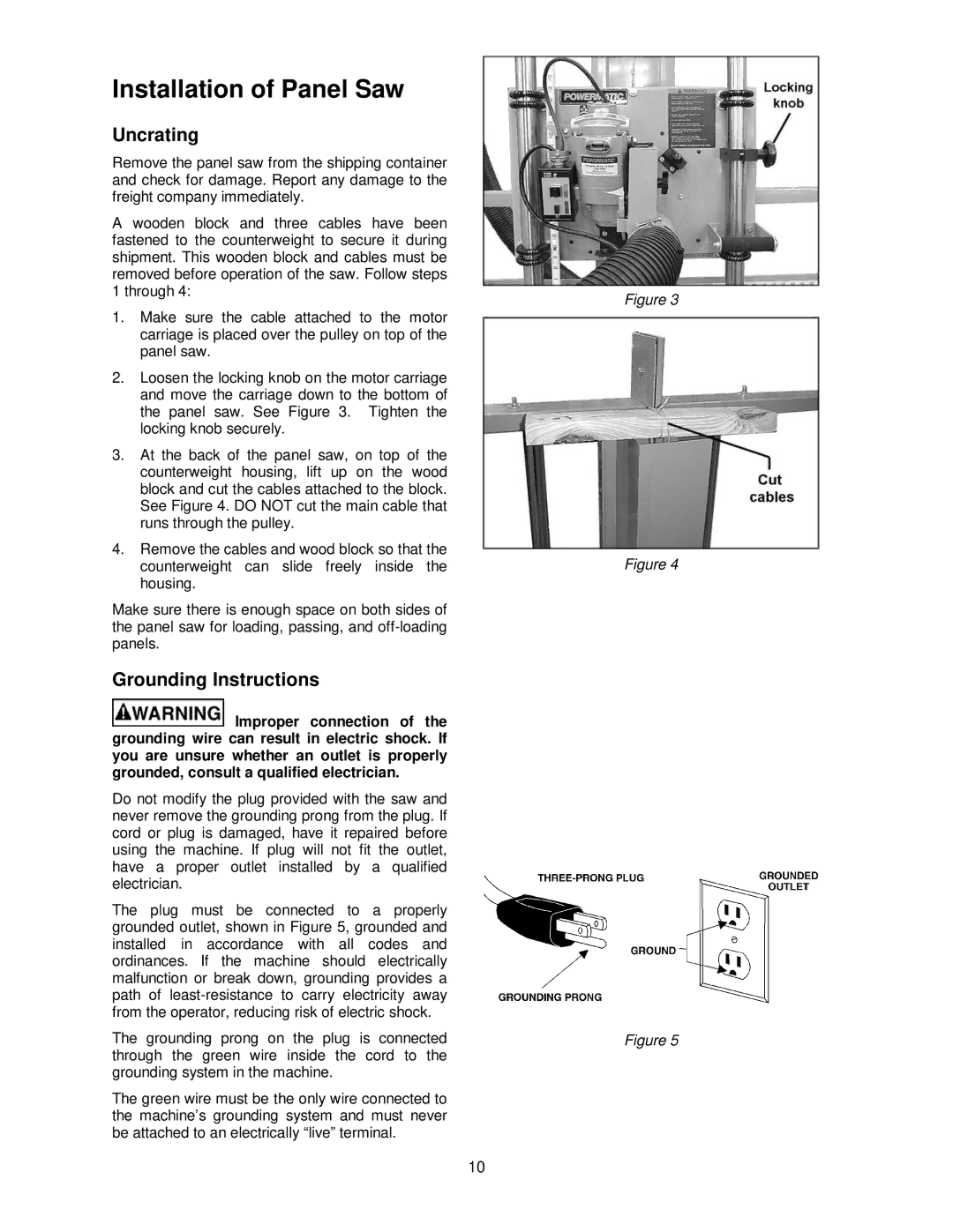 Powermatic 511 operating instructions Installation of Panel Saw, Uncrating, Grounding Instructions 