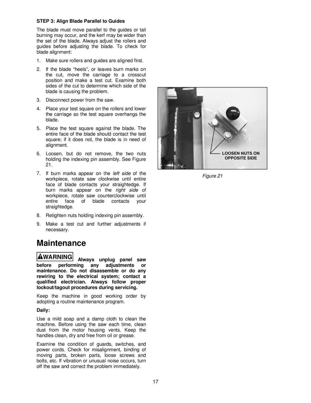 Powermatic 511 operating instructions Maintenance, Align Blade Parallel to Guides, Daily 