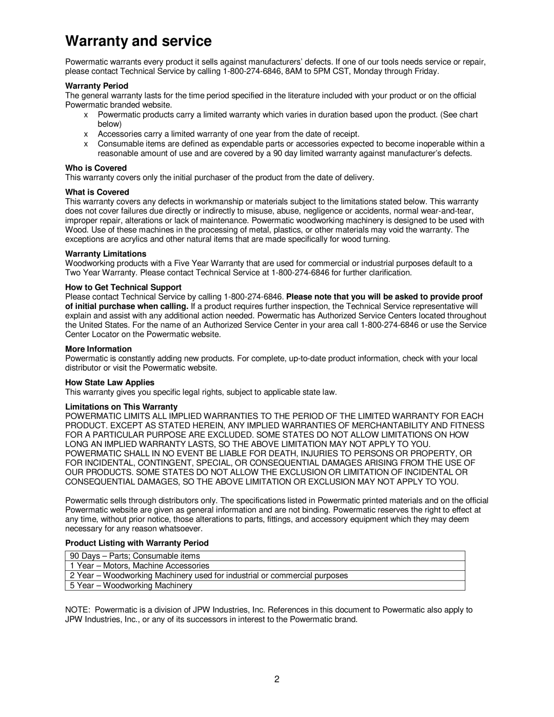 Powermatic 511 operating instructions Warranty and service, Warranty Period 