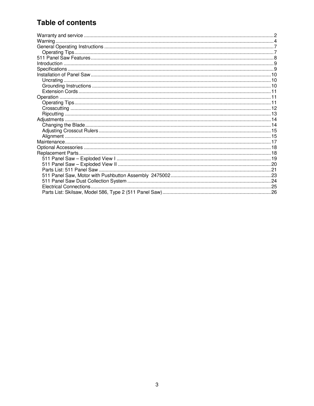 Powermatic 511 operating instructions Table of contents 