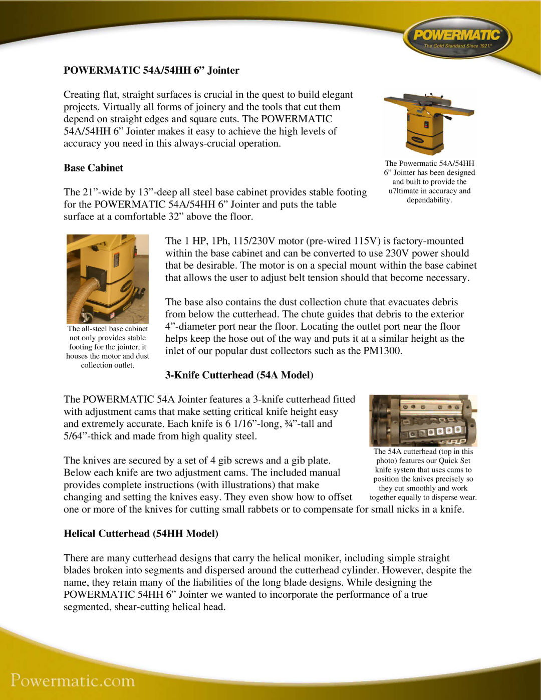 Powermatic manual Powermatic 54A/54HH 6 Jointer, Base Cabinet, Knife Cutterhead 54A Model 