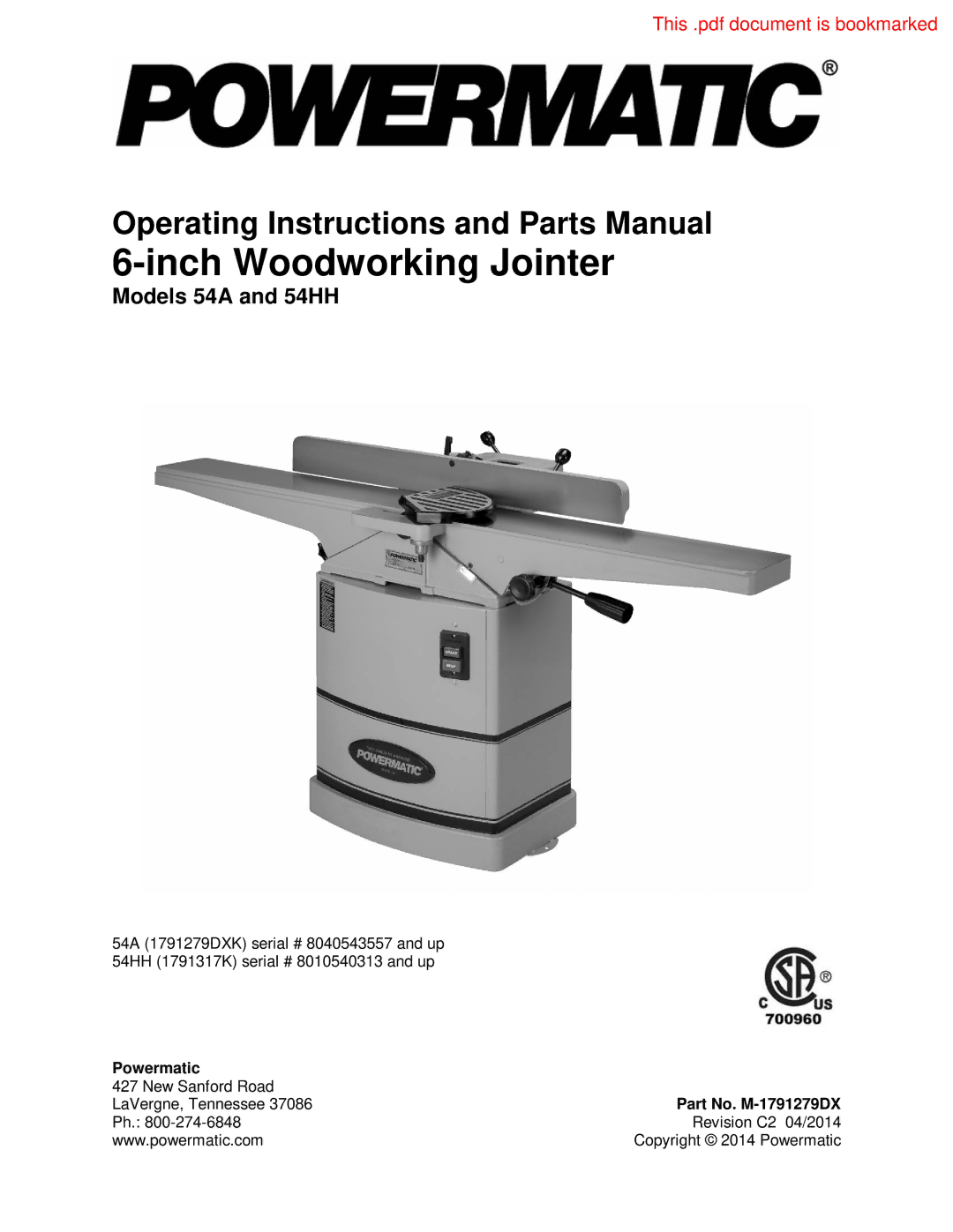 Powermatic 54HH, 54A operating instructions Powermatic, Part No. M-1791279DX 