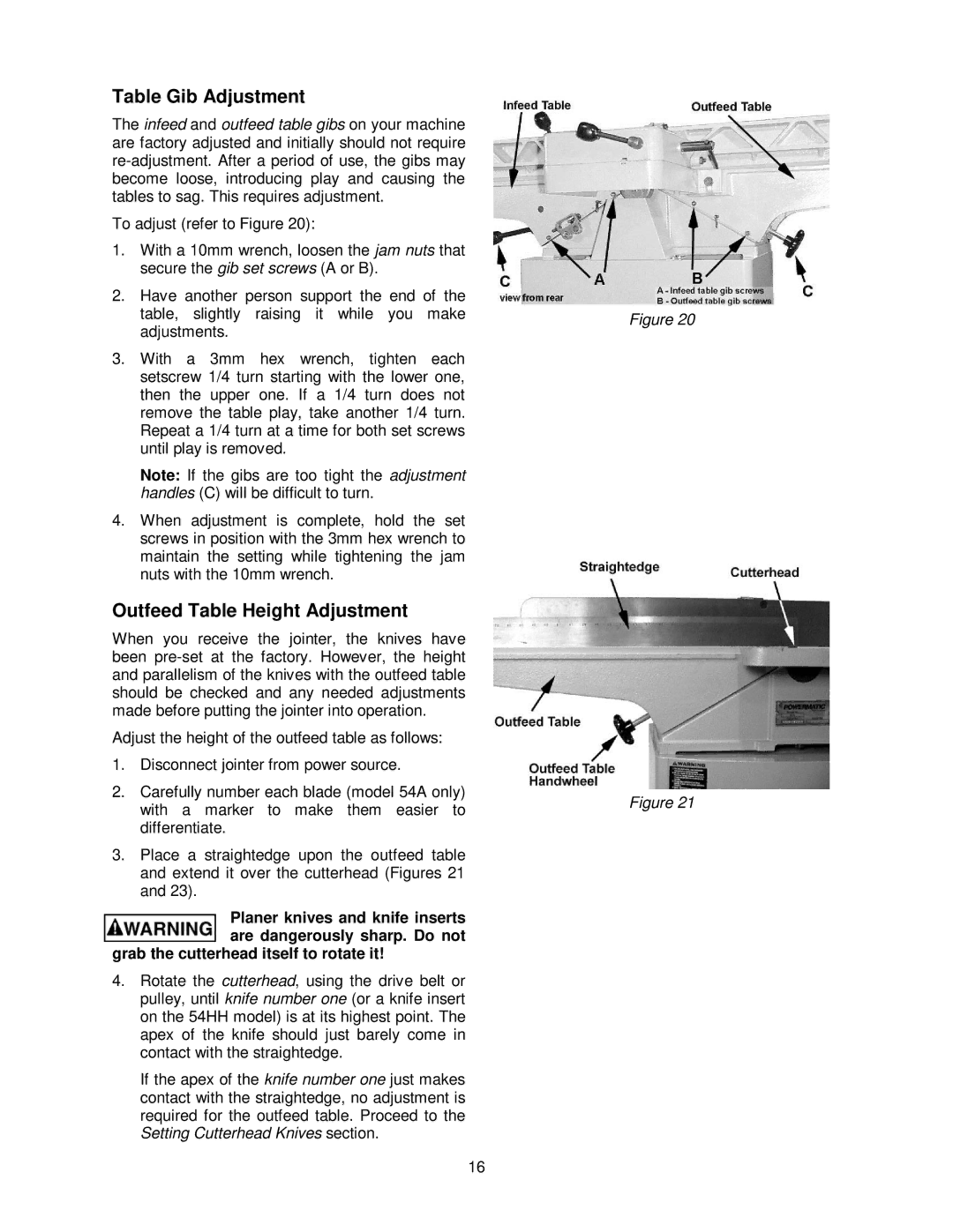 Powermatic 54A, 54HH operating instructions Table Gib Adjustment, Outfeed Table Height Adjustment 