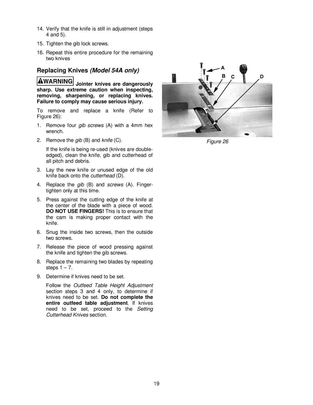 Powermatic 54HH operating instructions Replacing Knives Model 54A only 