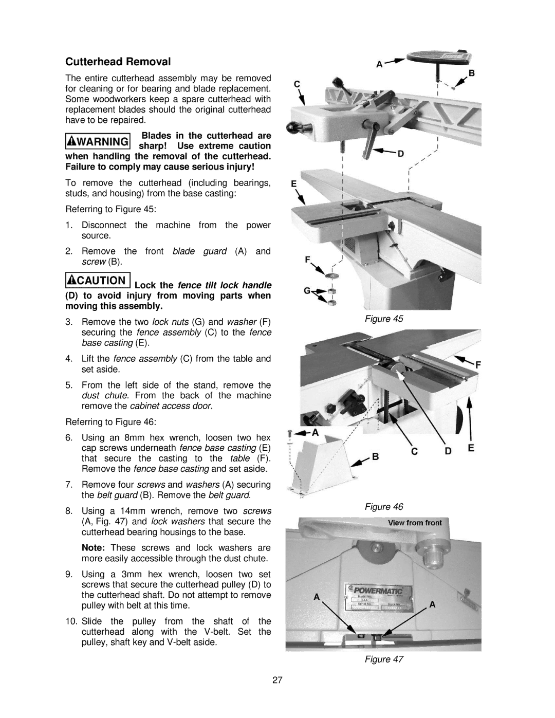 Powermatic 54HH, 54A operating instructions Cutterhead Removal, To avoid injury from moving parts when moving this assembly 