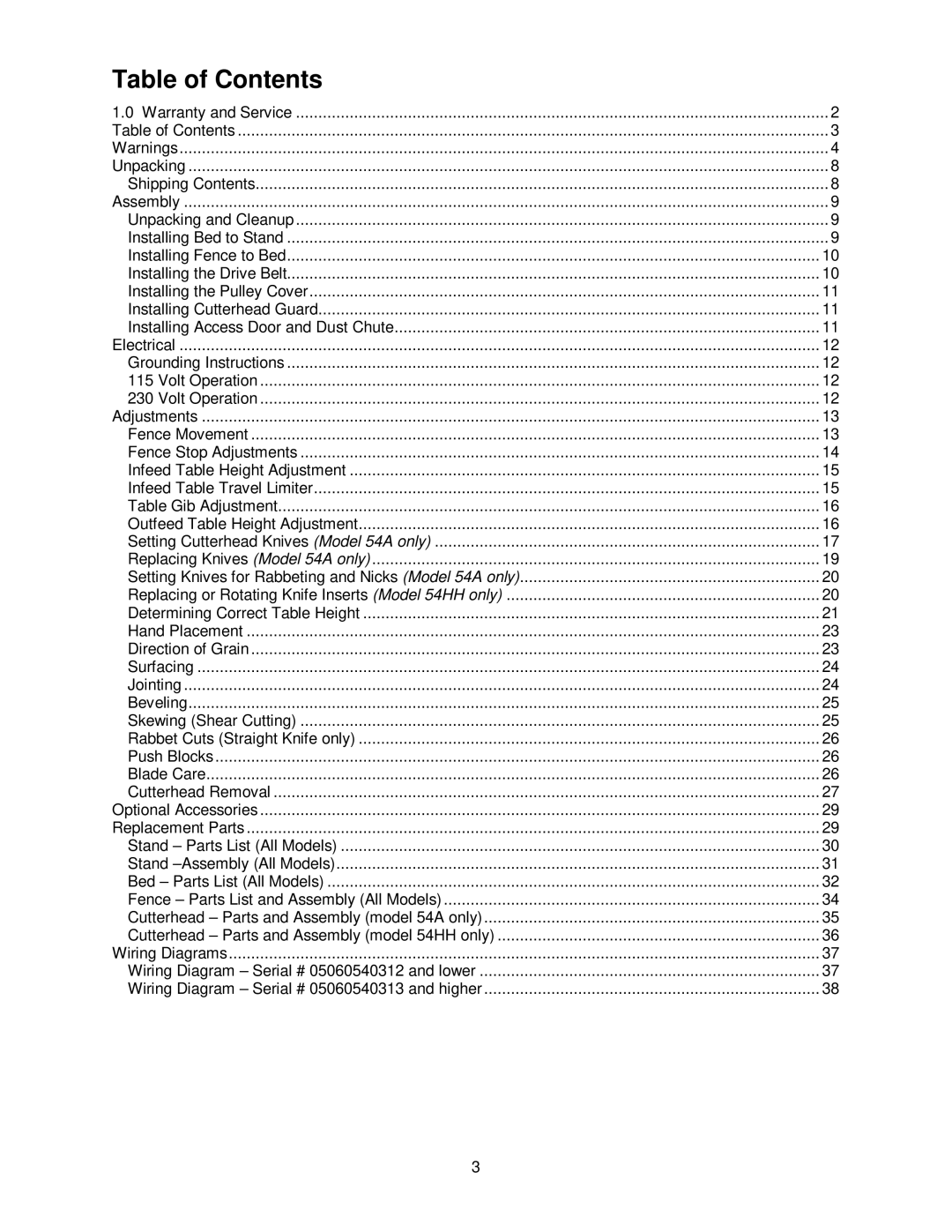 Powermatic 54HH, 54A operating instructions Table of Contents 