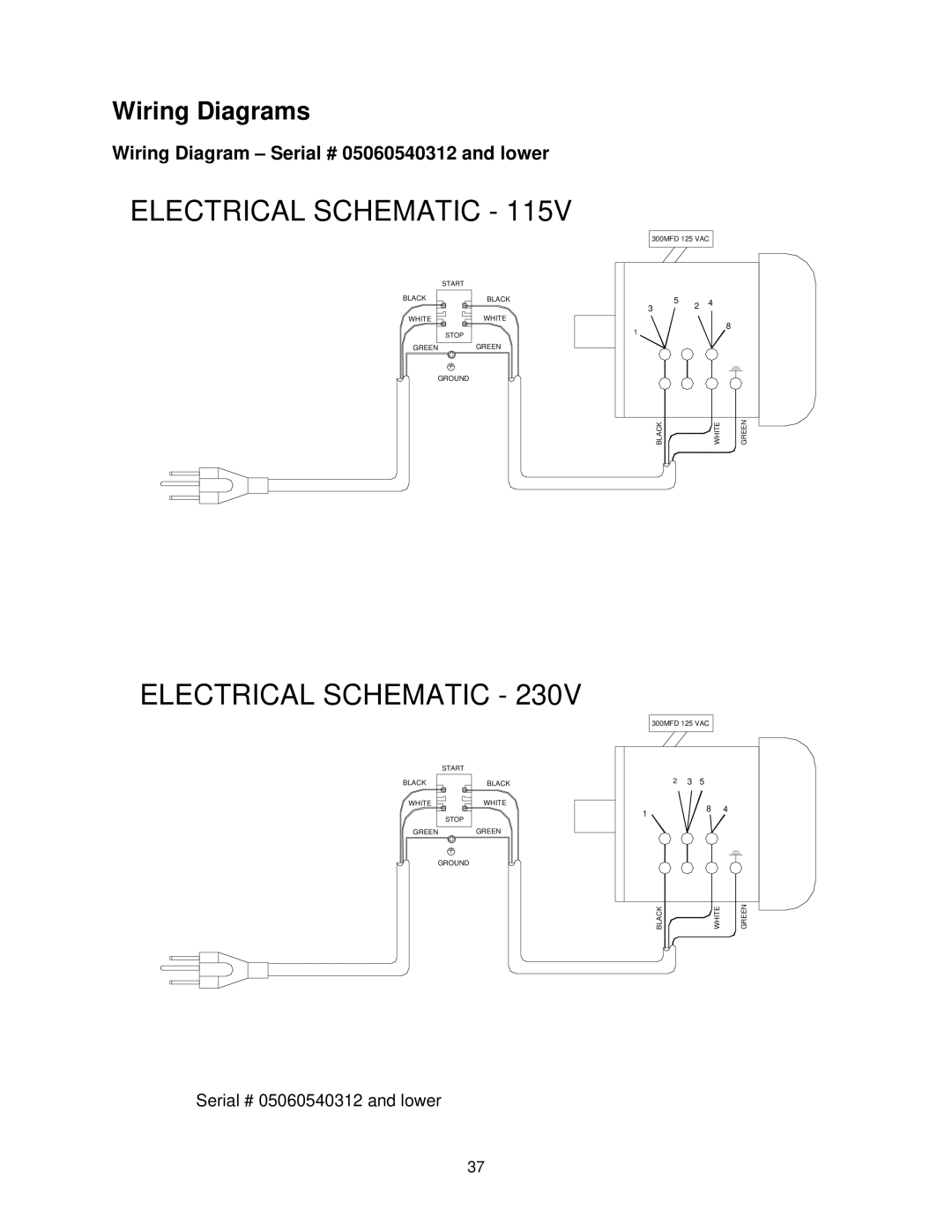 Powermatic 54HH, 54A operating instructions Wiring Diagrams, Wiring Diagram Serial # 05060540312 and lower 