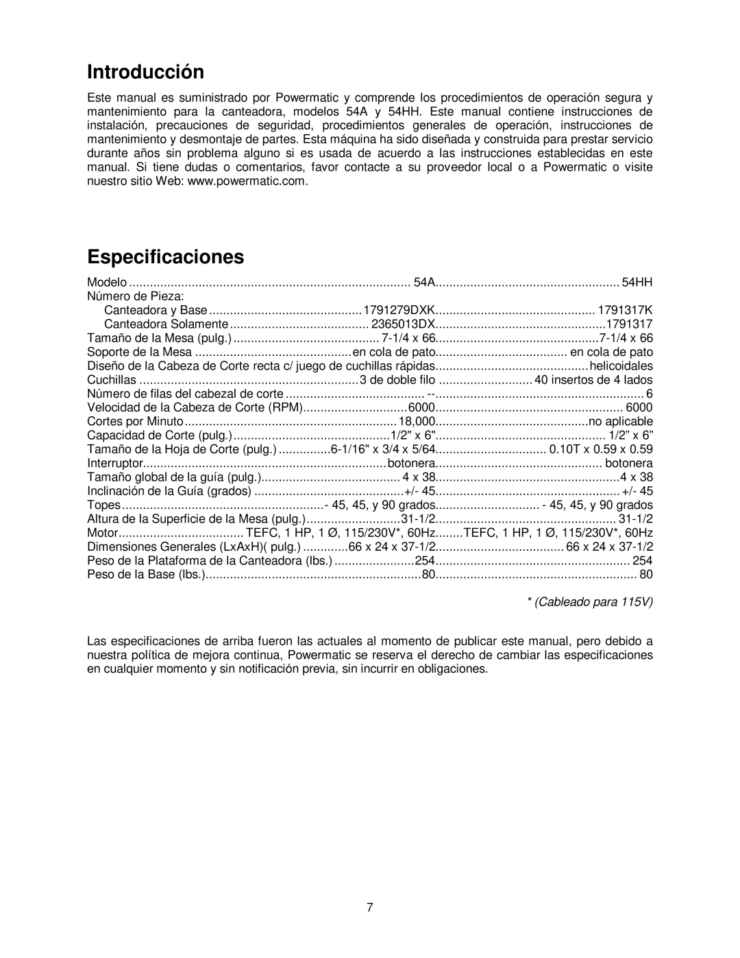 Powermatic 54HH, 54A operating instructions Introducción Especificaciones, Cableado para 