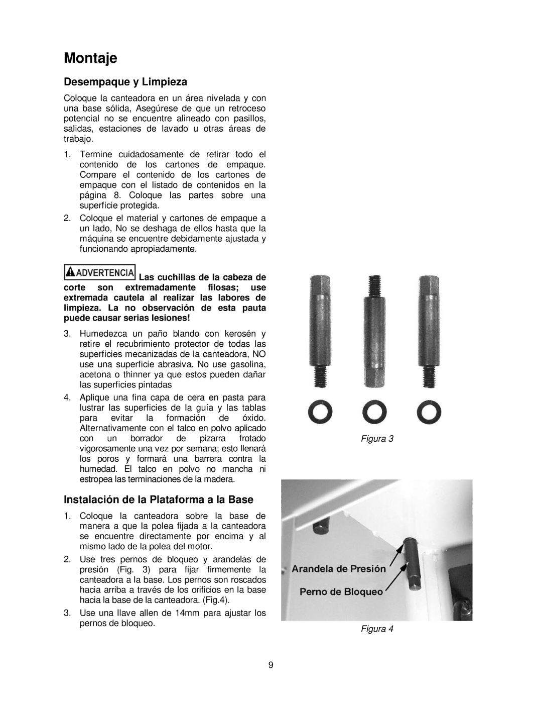 Powermatic 54HH, 54A operating instructions Montaje, Desempaque y Limpieza, Instalación de la Plataforma a la Base 