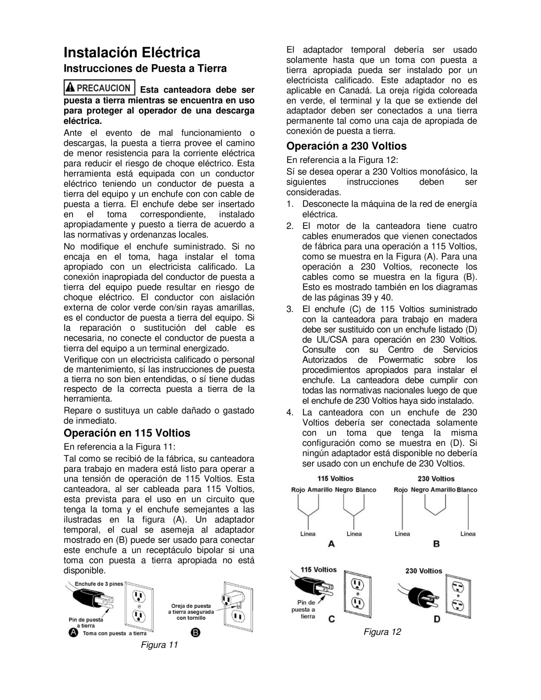 Powermatic 54A Instalación Eléctrica, Instrucciones de Puesta a Tierra, Operación en 115 Voltios, Operación a 230 Voltios 