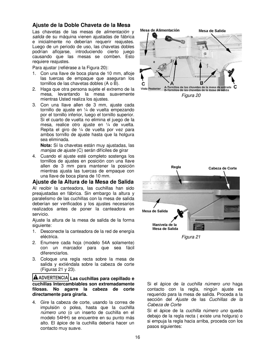 Powermatic 54A, 54HH operating instructions Ajuste de la Doble Chaveta de la Mesa, Ajuste de la Altura de la Mesa de Salida 