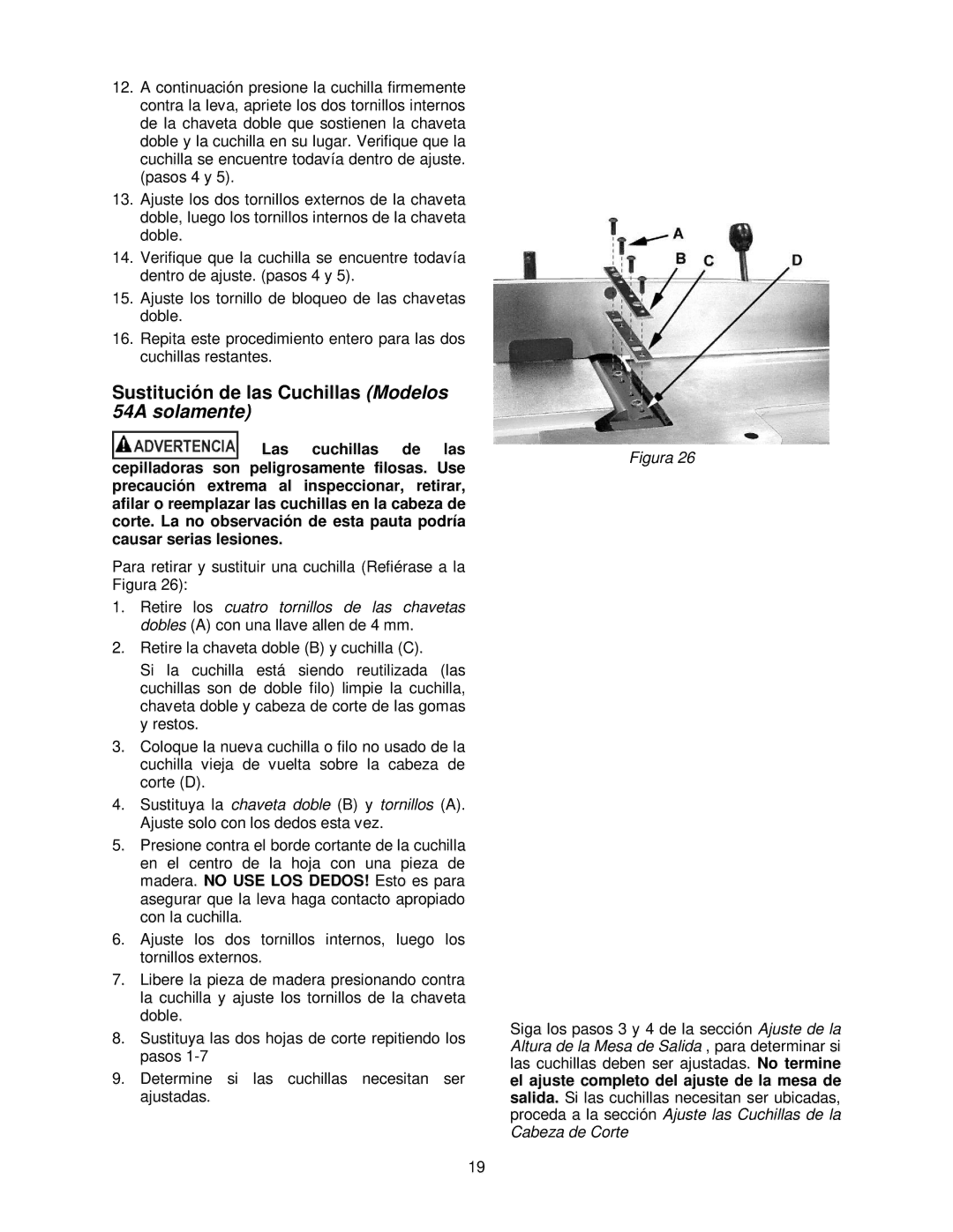 Powermatic 54HH operating instructions Sustitución de las Cuchillas Modelos 54A solamente, Cabeza de Corte 