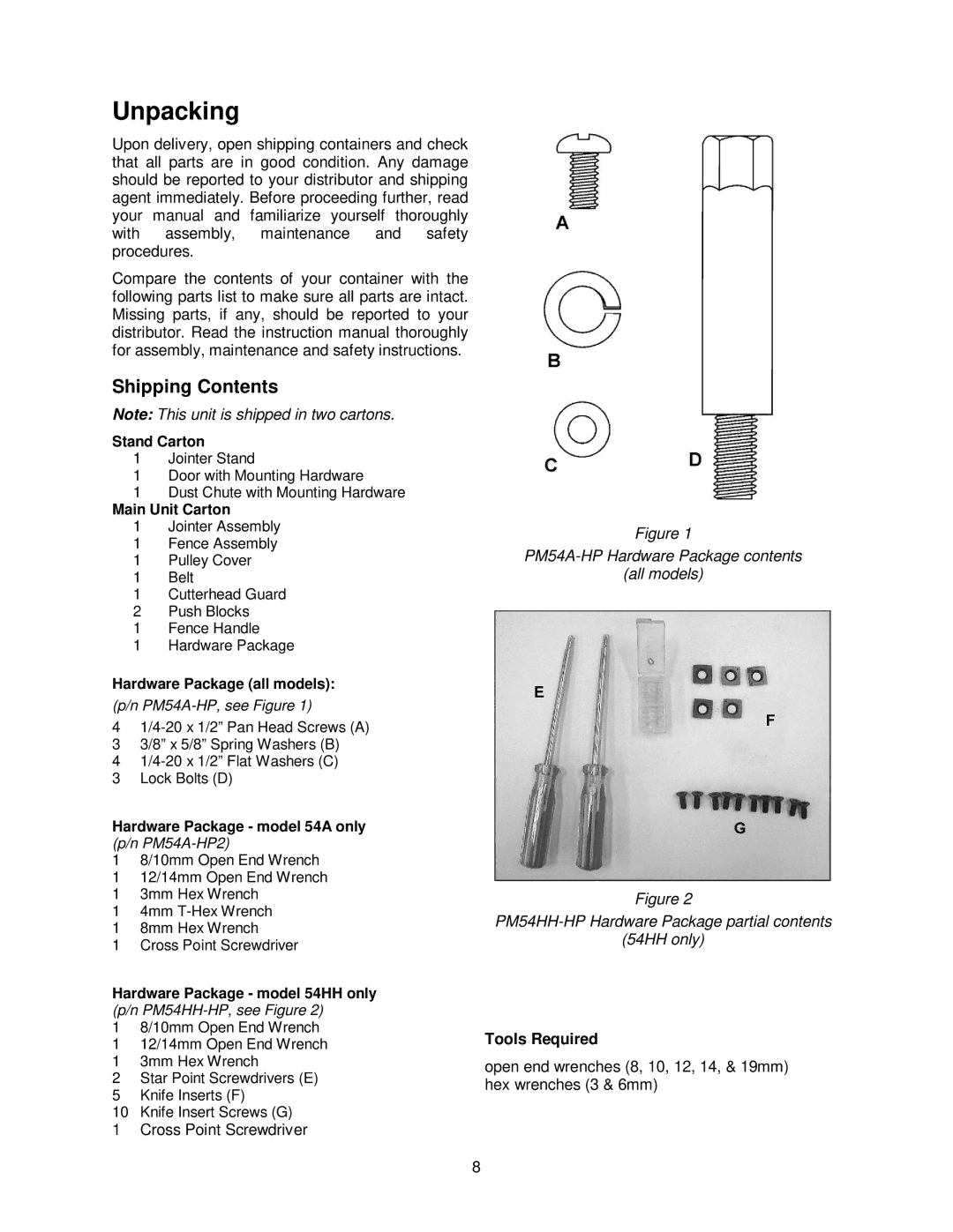 Powermatic 54A, 54HH operating instructions Unpacking, Shipping Contents 